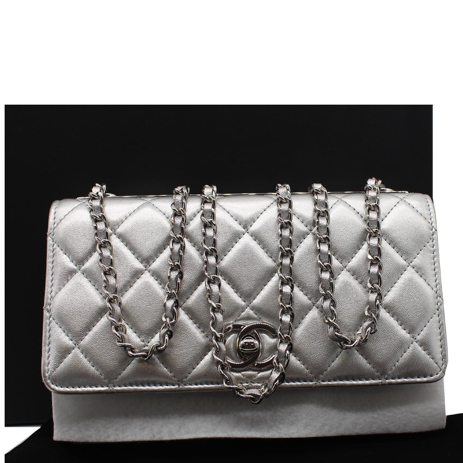 Chanel Dark Silver Quilted Metallic Calfskin Leather Drawstring CC
