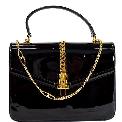 GUCCI Sylvie 1969 Patent Leather Mini Top Handle Bag Black 589478