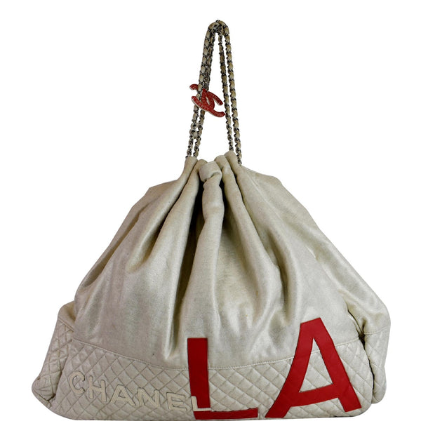 Chanel LA Large Jersey Quilted Hobo Shoulder Bag White