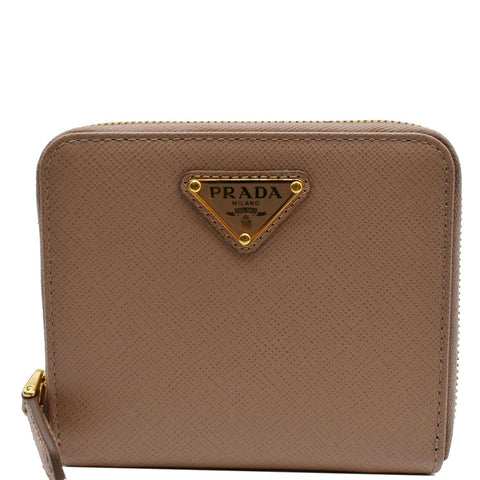 PRADA Small Saffiano Leather Zip Around Wallet Cameo Beige