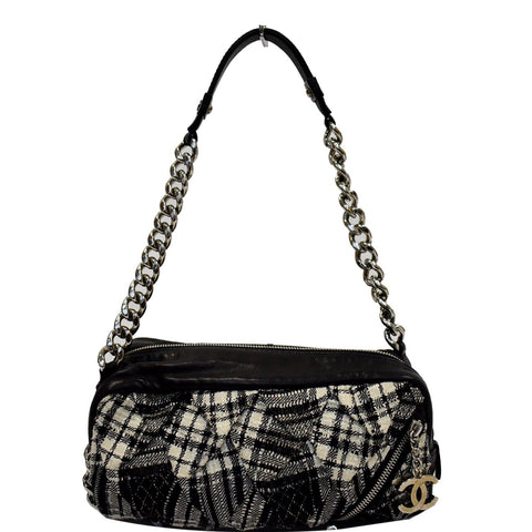 CHANEL Twisted Zipper Tweed Leather Shoulder Bag Black