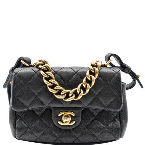 CHANEL Mini Trapezio Flap Quilted Sheepskin Leather Crossbody Bag Black