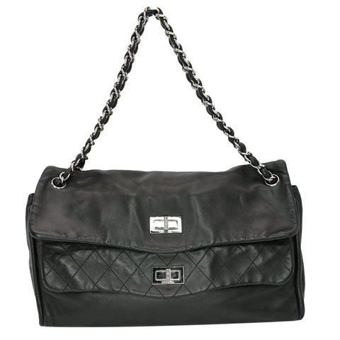 CHANEL Double Foldover Twist Closure Smooth Lambskin Tote Bag Black