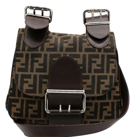 FENDI Zucca Canvas Buckle Shoulder Bag Tobacco Brown