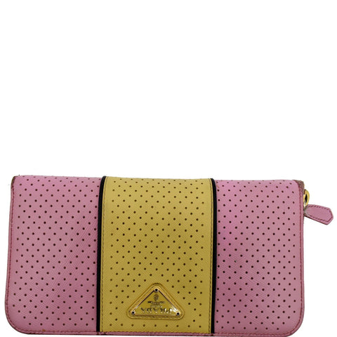 PRADA Striped Perforated Saffiano Leather Zip Around Wallet Pink/Yellow