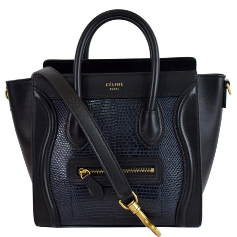 CELINE Micro Luggage Bi-Color Lizard Calfskin Tote Bag Black