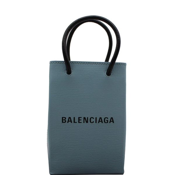 BALENCIAGA Leather Phone Holder Shopping Tote Shoulder Bag Sky Blue