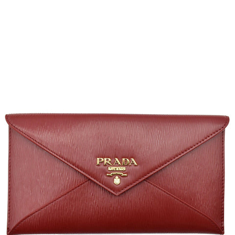 PRADA Envelope Leather Clutch Wallet Red