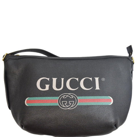 GUCCI Half Moon Logo Calfskin Leather Hobo Shoulder Bag Black 523588