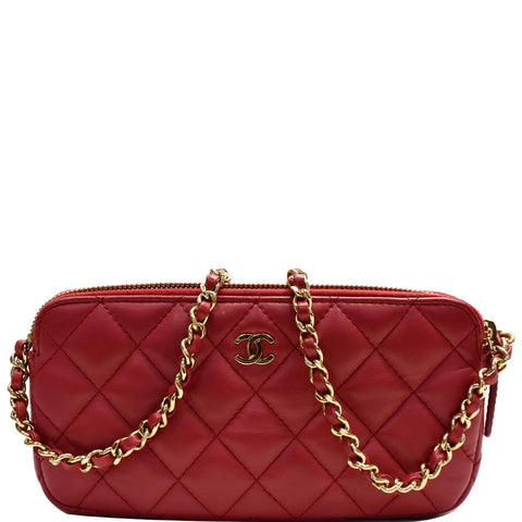 CHANEL Double Zip Wallet On Chain WOC Lambskin Shoulder Bag Red