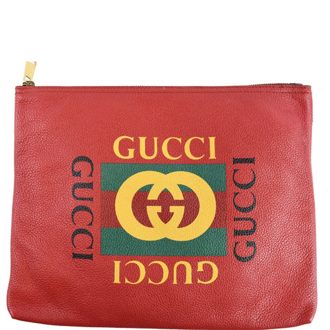 GUCCI Pebbled Leather Medium Logo Portfolio Clutch Hibiscus Red 500981