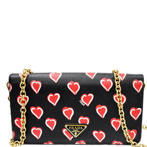 PRADA Saffiano Heart Print Long Leather Wallet on Chain Crossbody Bag Black