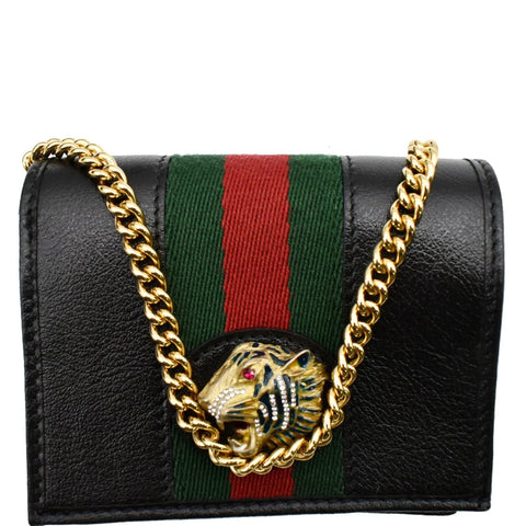 GUCCI Rajah Web Leather Card Case Chain Wallet Black 573790