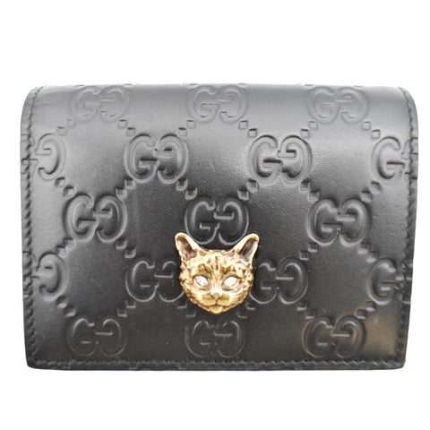 GUCCI Crystal Cat Guccissima Leather Card Case Wallet Black 548057