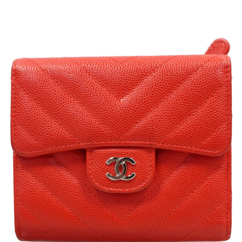 CHANEL Small Chevron Quilted Caviar Compact Flap Wallet Red