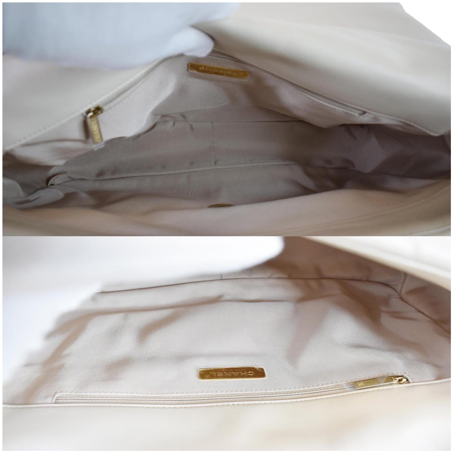 CHANEL Maxi 19 Quilted Goatskin Leather Shoulder Bag Beige