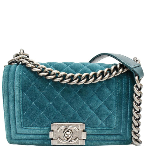CHANEL Small Boy CC Chain Velvet Shoulder Bag Teal