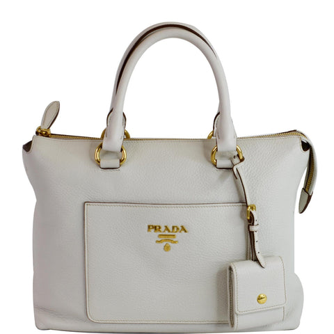 PRADA Vitello Daino Pebbled Leather Zip Tote Shoulder Bag White