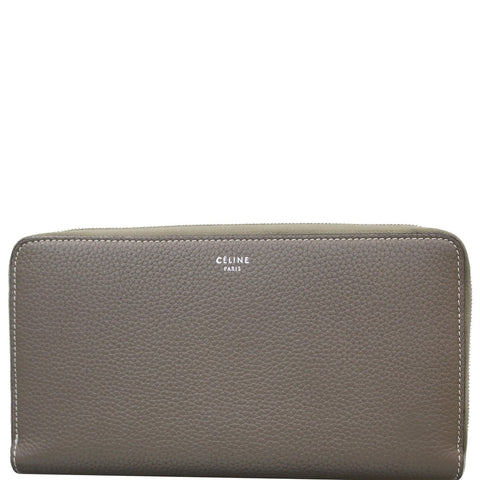 CELINE Large Zip Around Multifunction Drummed Calfskin Wallet Taupe Grey