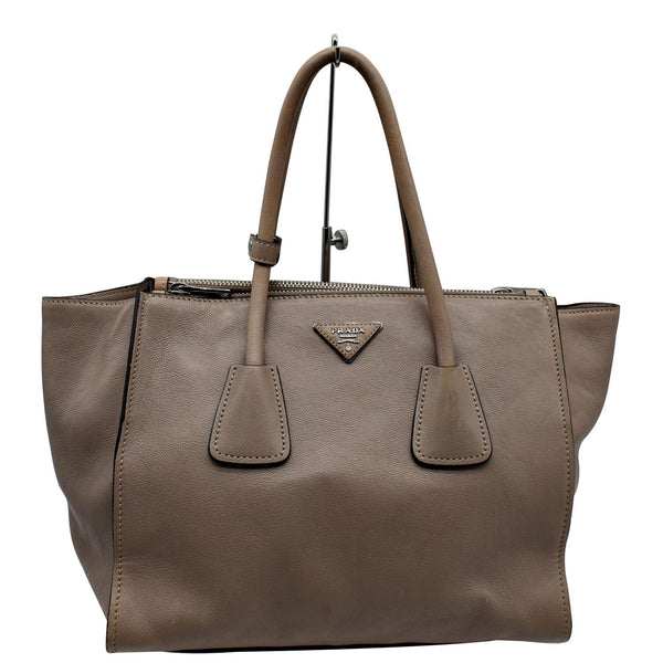 PRADA City Twin Pocket Calf Leather Tote Shoulder Bag Taupe