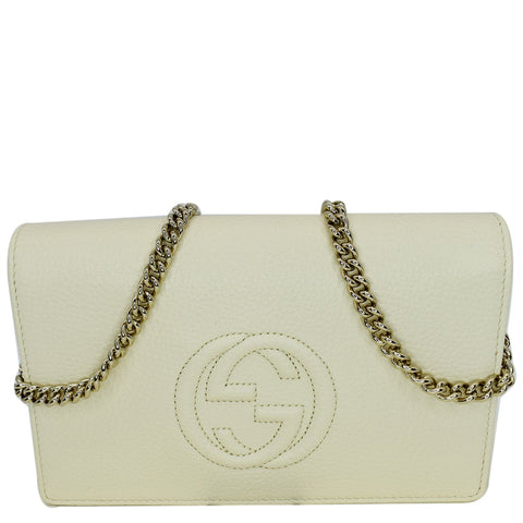 GUCCI Mini Soho Pebbled Leather Wallet On Chain Crossbody Bag Cream 598211