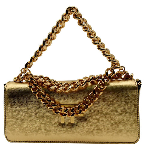 TOM FORD Triple Chain Small Embellished Metallic Leather Shoulder Bag Gold