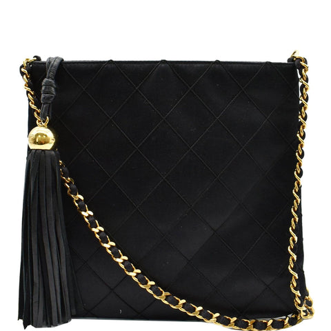 CHANEL Vintage Quilted Satin Tassel Shoulder Bag Black