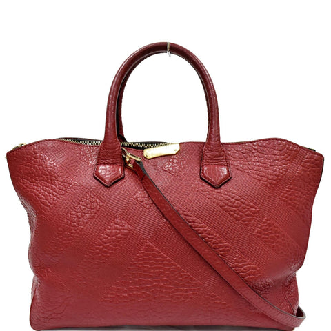 BURBERRY Dewsbury Medium Grain Check Embossed Tote Bag Red