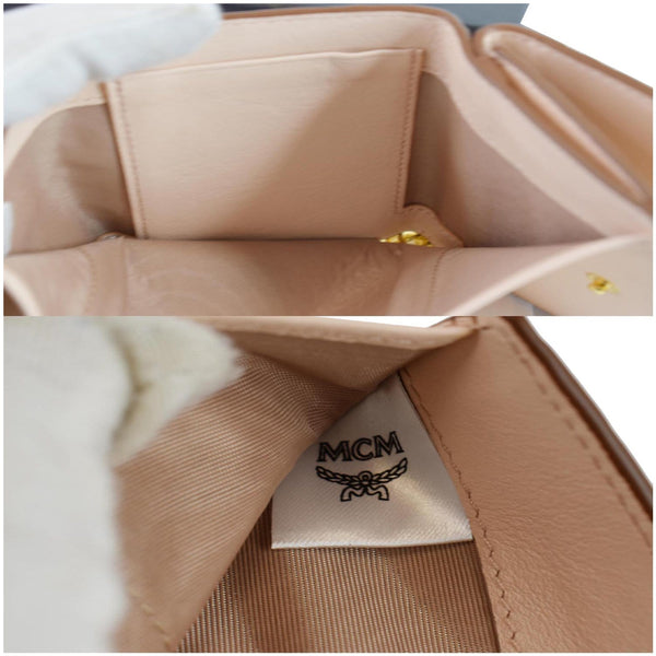 MCM Klara Trifold Mini Monogram Leather Charm Wallet Cognac