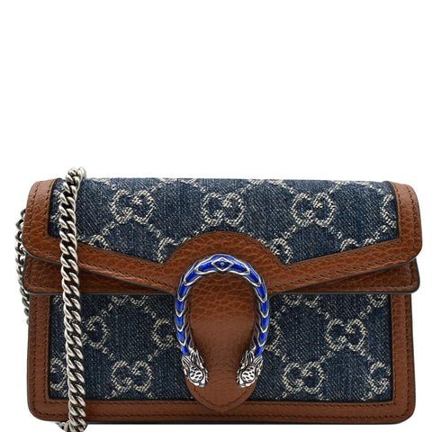 GUCCI Dionysus Super Mini GG Jacquard Denim Chain Shoulder Bag Dark Blue 476432