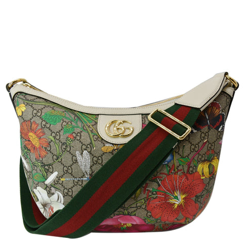 GUCCI Ophidia Half Moon Small Flora GG Canvas Hobo Bag Beige 626509