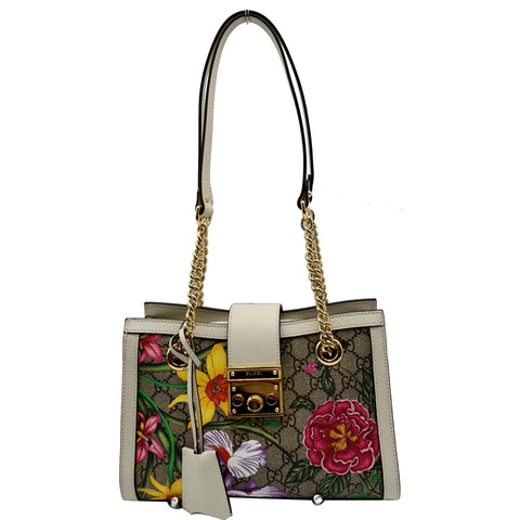 GUCCI Padlock Flora Small GG Supreme Canvas Shoulder Bag Beige 498156