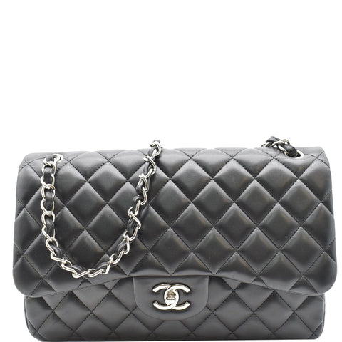 CHANEL Classic Jumbo Double Flap Lambskin Leather Shoulder Bag Black