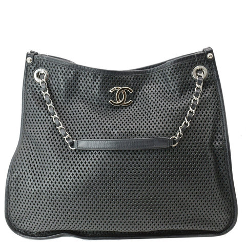 CHANEL Perforated Up In The Air Calfskin Tote Bag Black