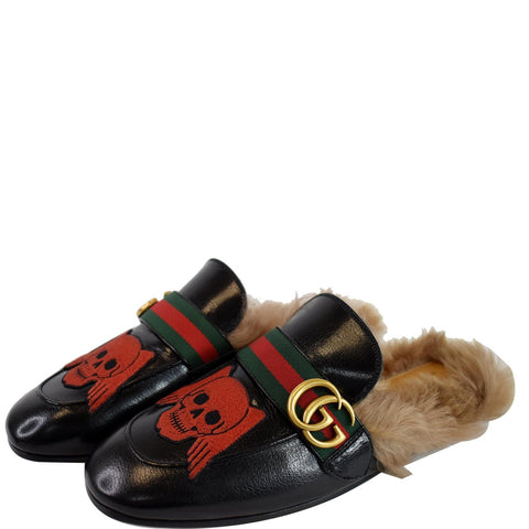 GUCCI Princetown Skull Angel Fur Leather Slipper Black US 7