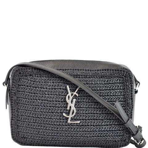 YVES SAINT LAURENT Lou Camera Raffia Canvas Crossbody Bag Black