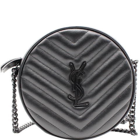 YVES SAINT LAURENT Vinyle Round Chevron Leather Camera Crossbody Bag Black