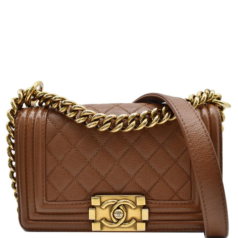 CHANEL Small Boy CC Chain Leather Shoulder Bag Brown