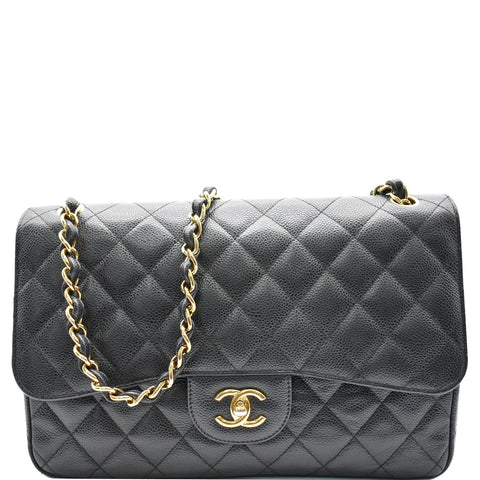 CHANEL Classic Jumbo Double Flap Caviar Leather Shoulder Bag Black