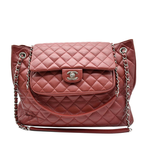 Chanel Front Flap Pocket Quilted Caviar Leather Tote Bag
