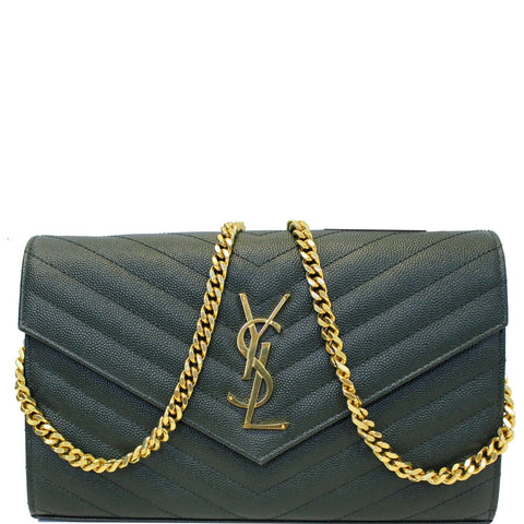 YVES SAINT LAURENT Chevron Grain De Poudre Envelope Chain Bag Olive Green