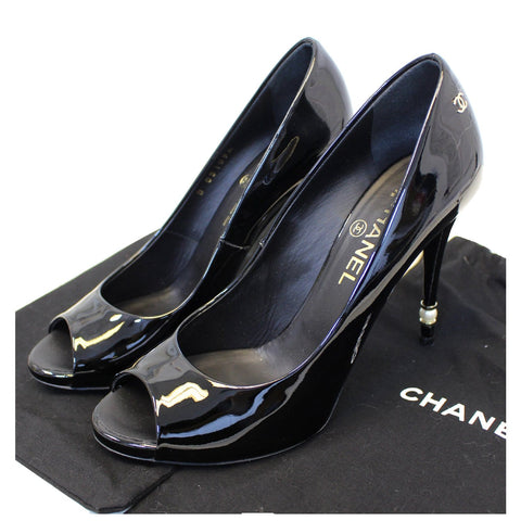 CHANEL Black Leather Open Toe Pumps 39.1/2 Black