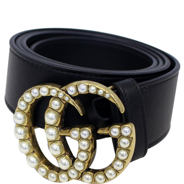 GUCCI Pearl Double G Black Leather Belt Size 100.40 Black