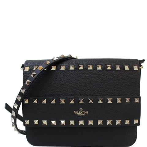 VALENTINO Garavani Small Rockstud Flap Leather Shoulder Bag Black