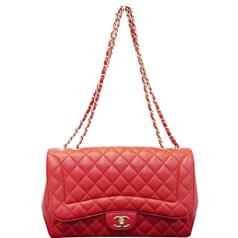 CHANEL Jumbo Classic Single Flap Lambskin Leather Shoulder Bag Red