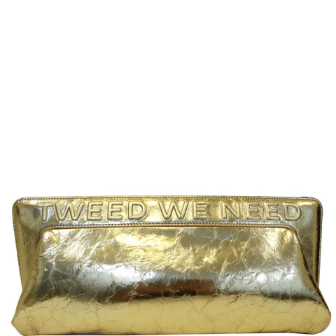 CHANEL Tweed We Need Metallic Lambskin Leather Clutch Gold