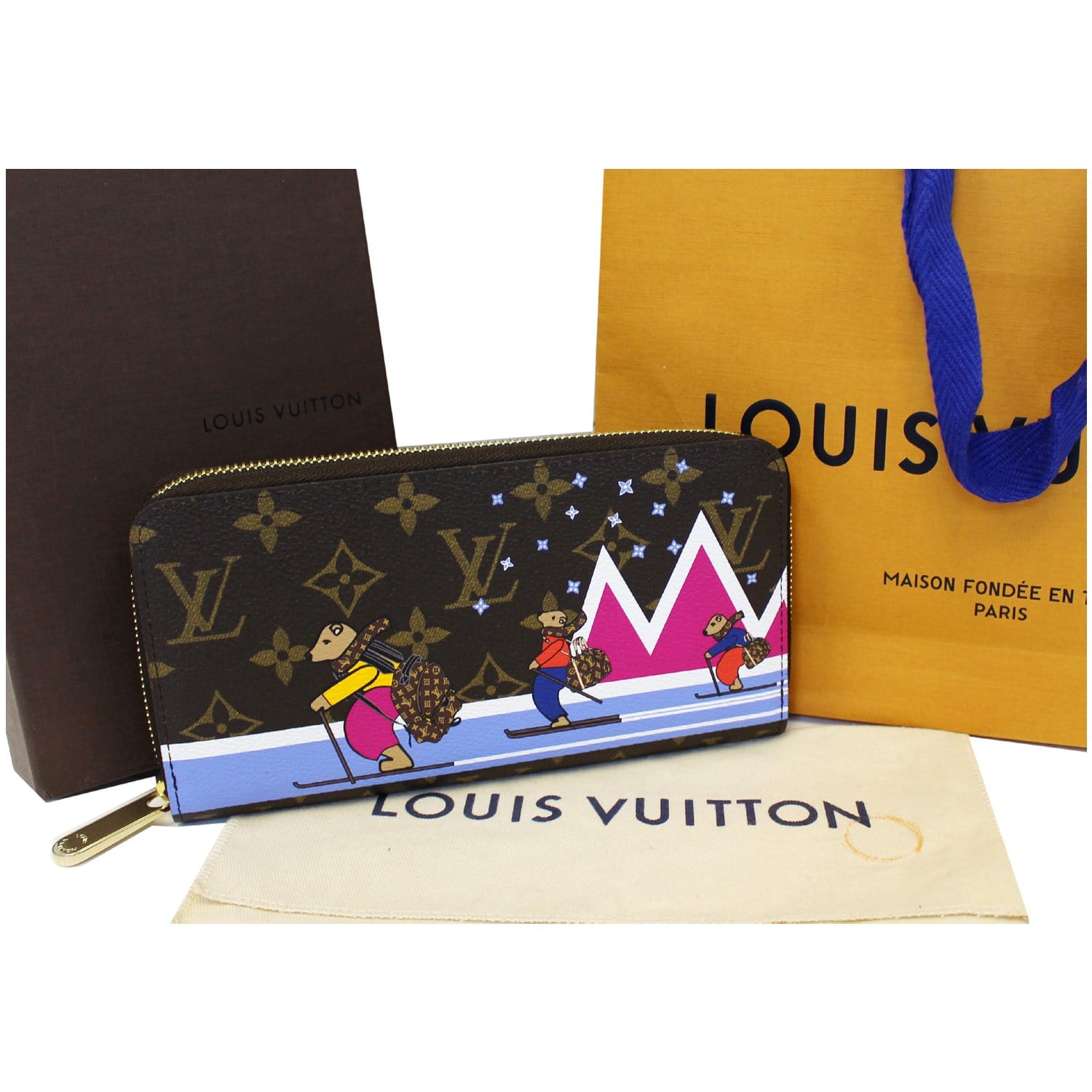 Authentic Louis Vuitton Monogram Clutch Wallet Zip Skiing Bears Leather  Pink