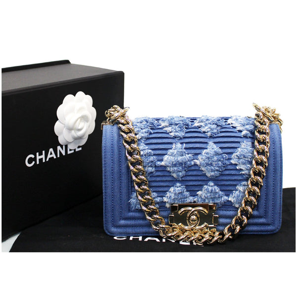 Chanel Boy The 27th Mini Denim Shoulder Bag Blue front view