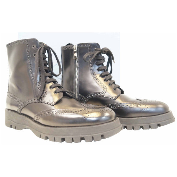 PRADA Combat Biker Lace up Side Zip Leather Ankle Boots Black US 10-US