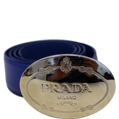 PRADA Round Logo Blue Saffiano Leather Belt Size 40